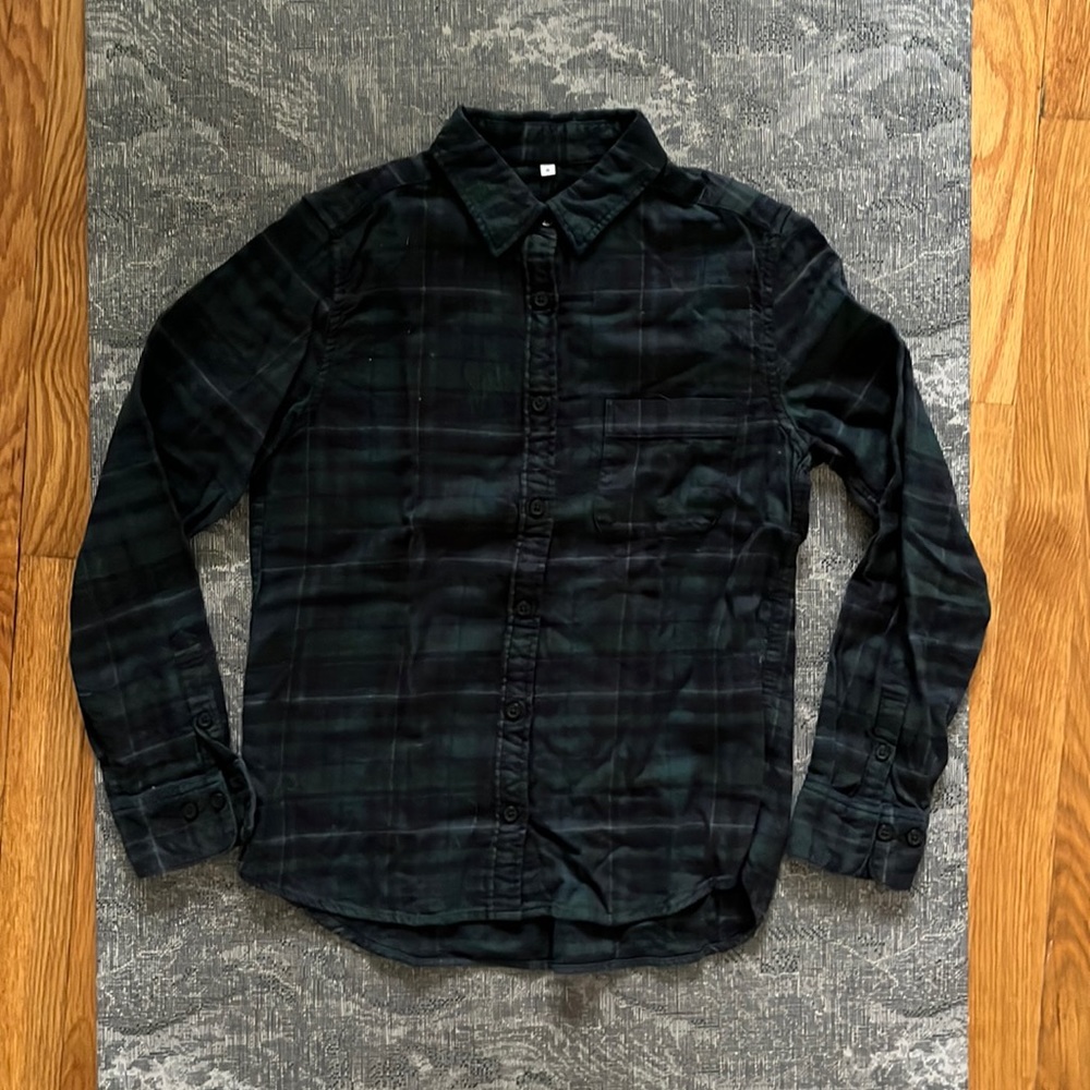 Blue green checkered plaid button down shirt from Japan